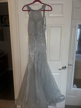 Camille La Vie Silver Sequin Mermaid Prom, Pageant, Formal Wear, Evening Gown